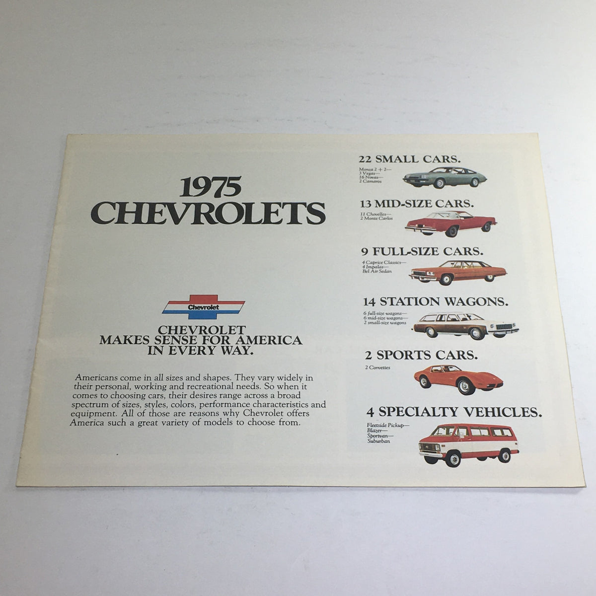 1975 Chevrolet full line brochure featuring various car categories including small cars, mid-size cars, full-size cars, sports cars, and specialty vehicles. This dealership catalog highlights the Chevrolet Vega LX Notch-back model.