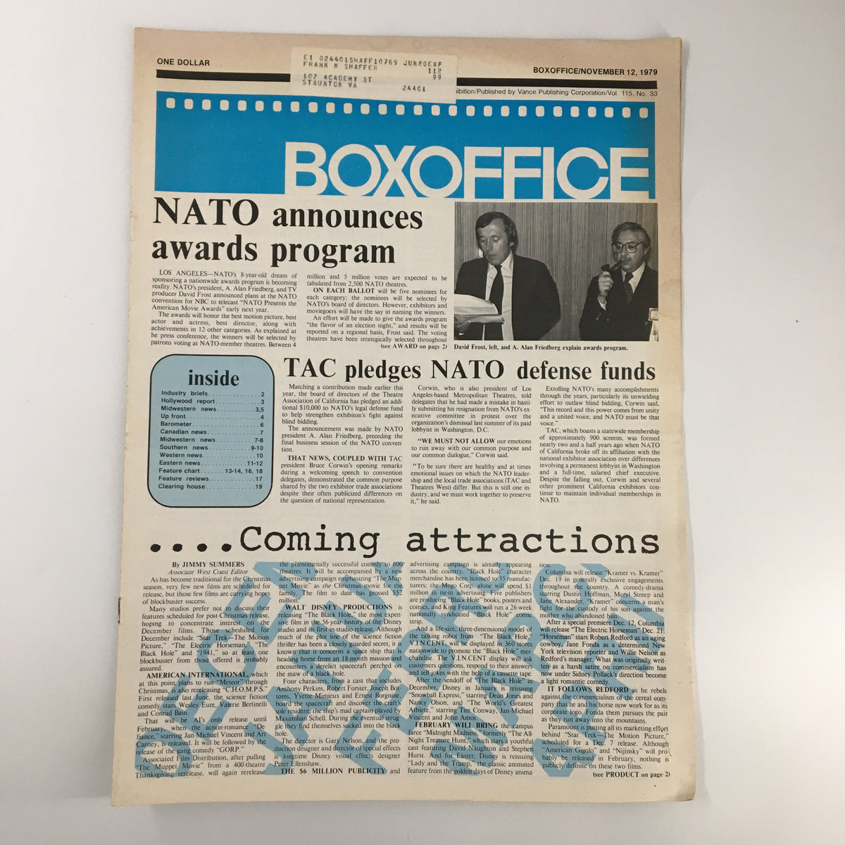 Box Office Magazine November 12 1979 featuring an article on TAC pledging NATO defense funds, with a vintage design and historical content from the entertainment industry.