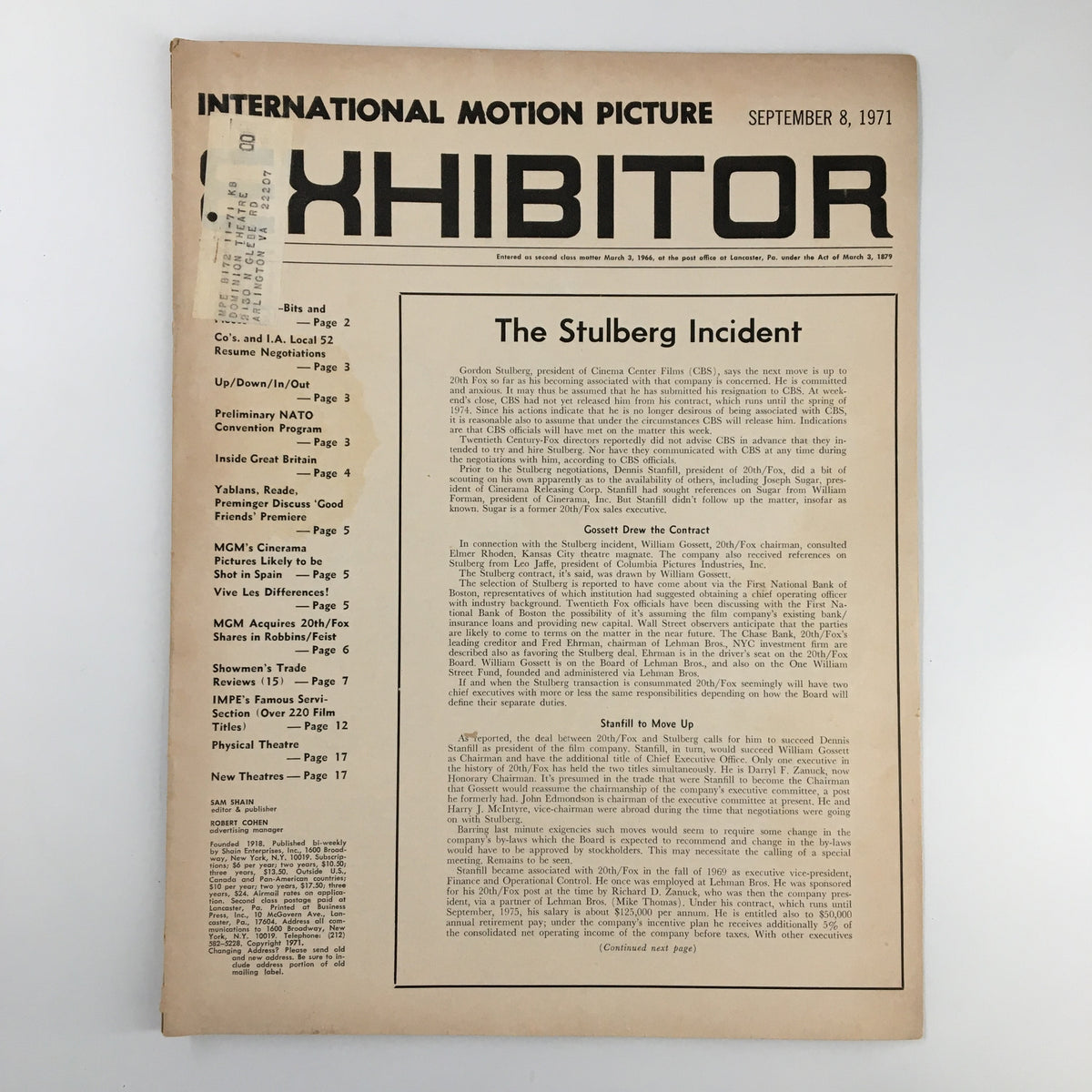 Cover of Int. Motion Picture Exhibitor Magazine dated September 8, 1971, featuring the headline 'The Stulberg Incident', showcasing vintage film industry insights and classic cinema nostalgia.