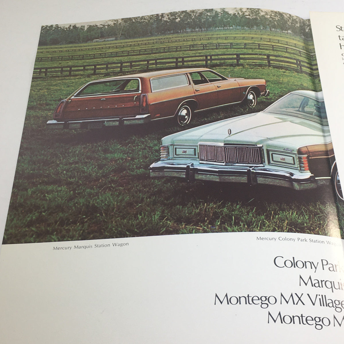 1975 Mercury Station Wagons Colony Park MX Villager Dealership Car Auto Brochure featuring a brown Mercury Marquis Station Wagon and a white Mercury Colony Park Station Wagon parked in a scenic grassy area.