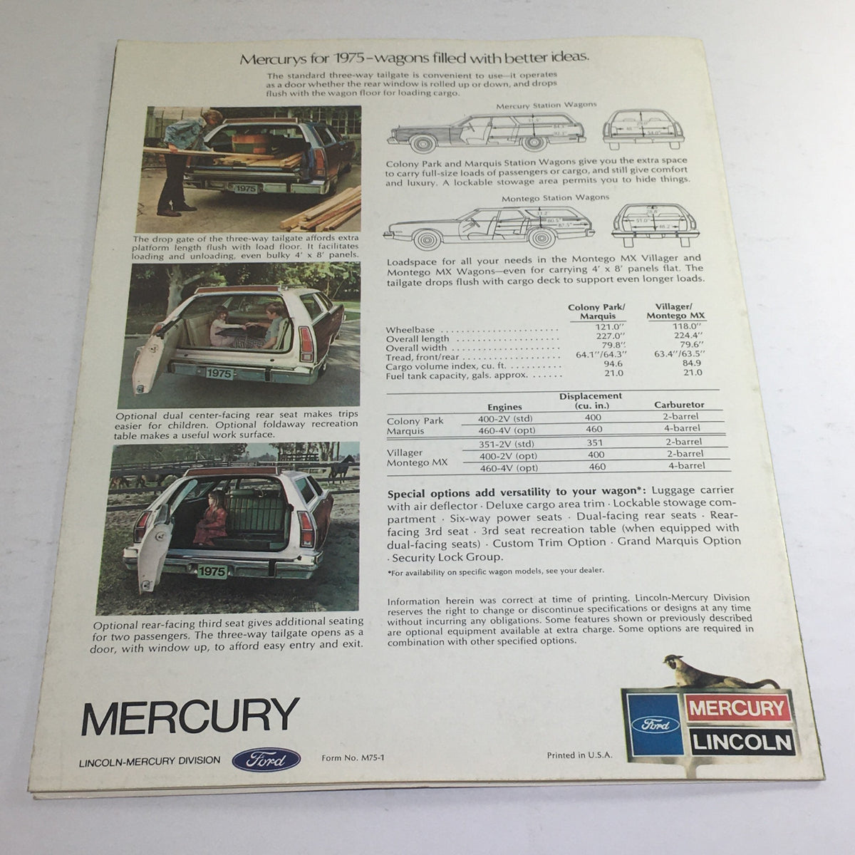 1975 Mercury Station Wagons Colony Park MX Villager Dealership Car Auto Brochure showcasing the rear loading features and interior options of the Colony Park and MX Villager models, emphasizing family-friendly design.