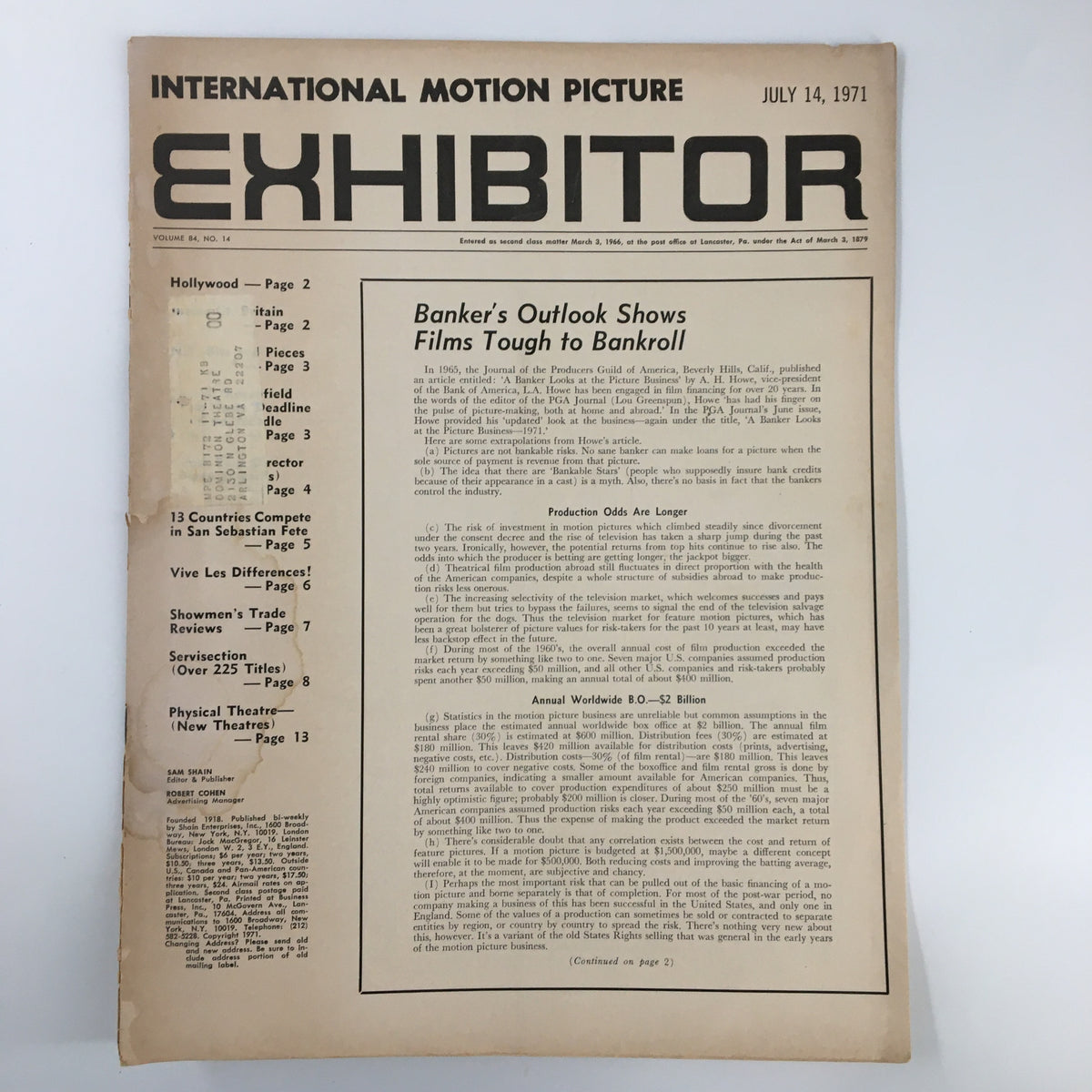 Cover page of the Int. Motion Picture Exhibitor Magazine dated July 14, 1971, featuring the title and the headline 'Banker's Outlook Shows Films Tough to Bankroll', showcasing the vintage design and columns related to Hollywood and film business.