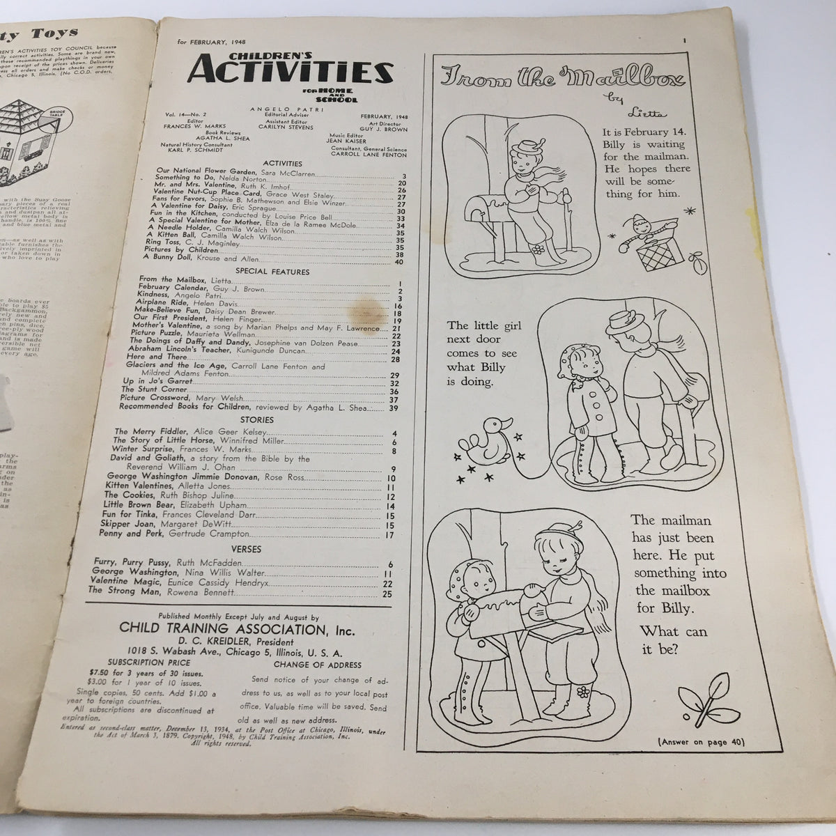 Table of contents page from Children's Activities Magazine February 1948, detailing activities and features for children, showcasing educational content.