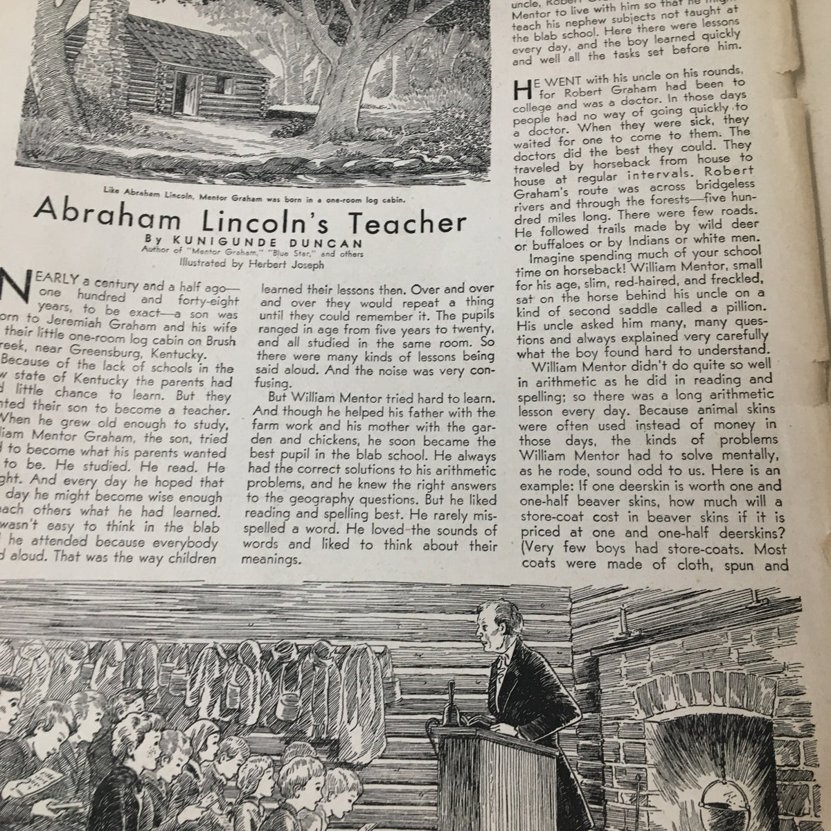 Children's Activities Magazine February 1948 page illustrating 'Abraham Lincoln's Teacher' with text discussing education in Lincoln's youth and its challenges.