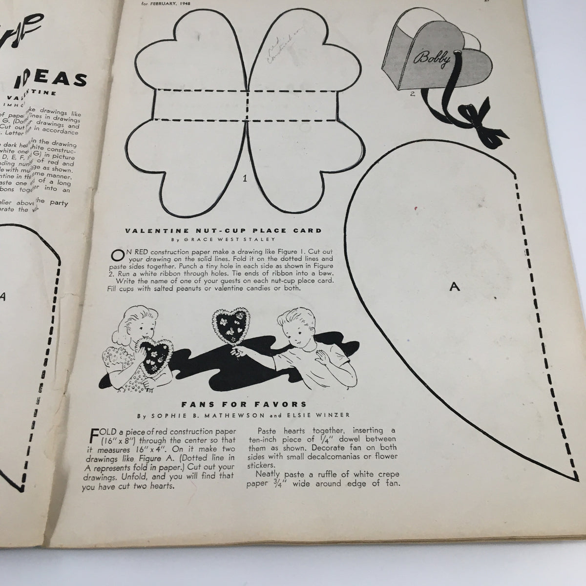 Children's Activities Magazine February 1948 page showcasing Valentine-themed crafts, including a nut-cup place card and fan designs with instructions for children's activities.