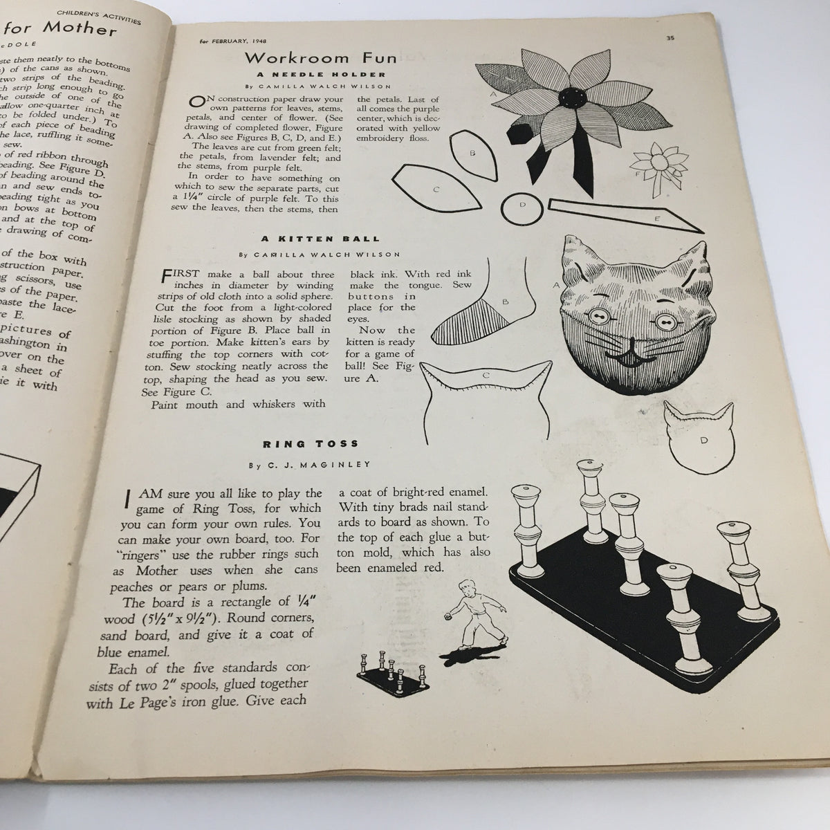 Children's Activities Magazine February 1948 page highlighting creative projects under 'Workroom Fun' with instructions and illustrations for fun activities for children.
