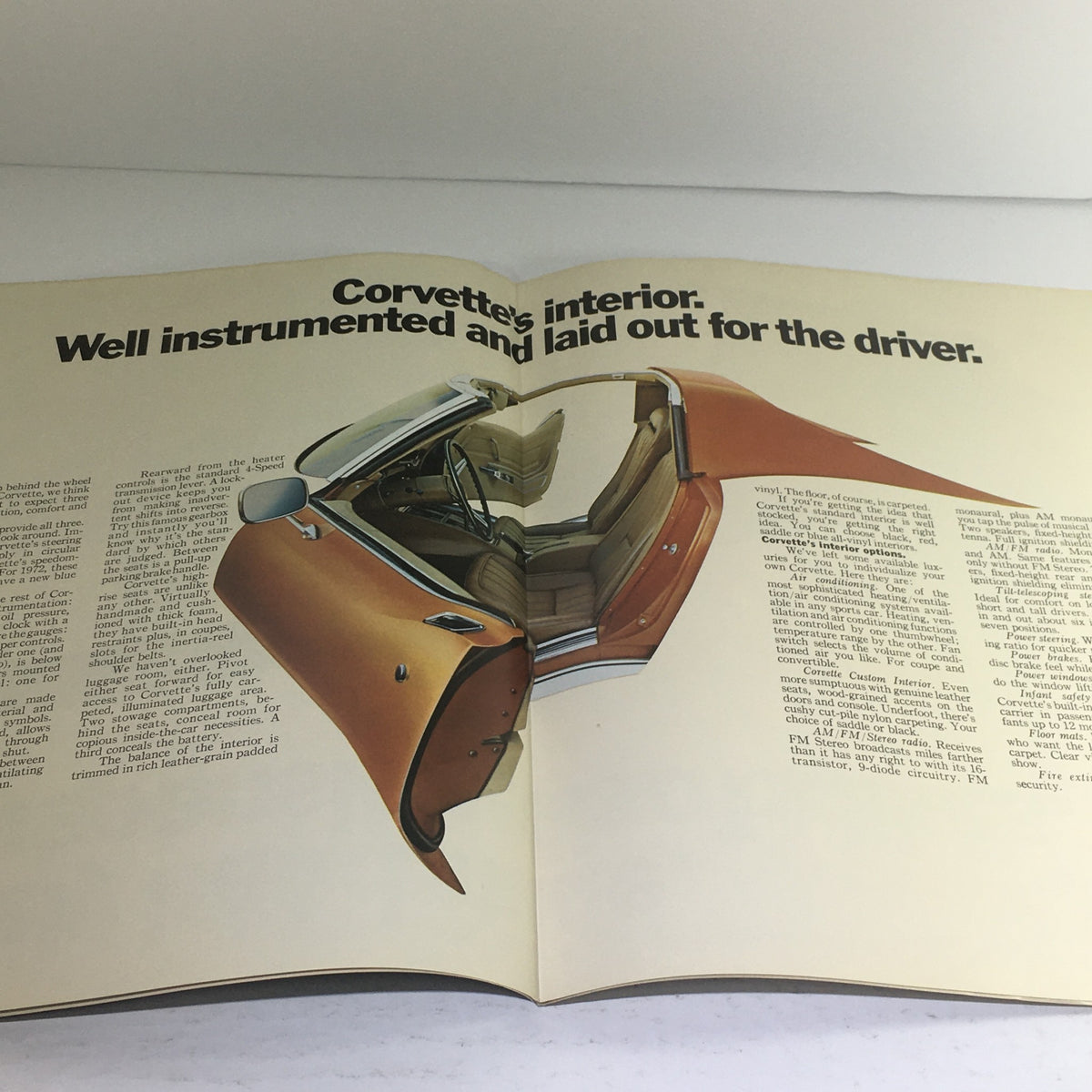 Interior view showcasing the 1972 Chevrolet Corvette Stingray with detailed descriptions and features highlighted in the brochure.