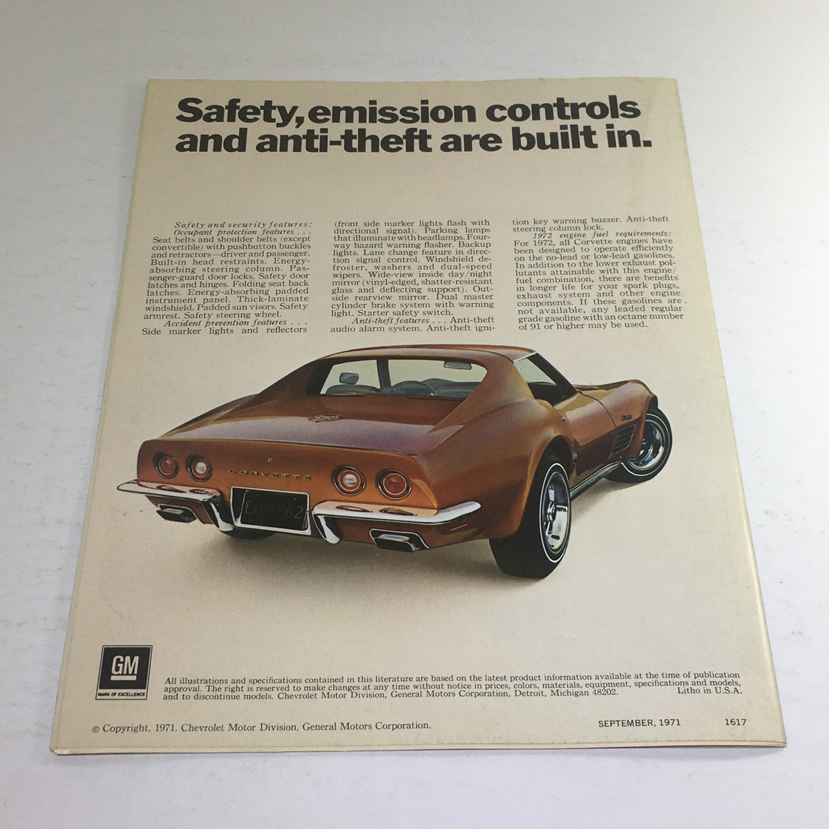 Back cover of the 1972 Chevrolet Corvette Stingray brochure discussing safety features and anti-theft measures.