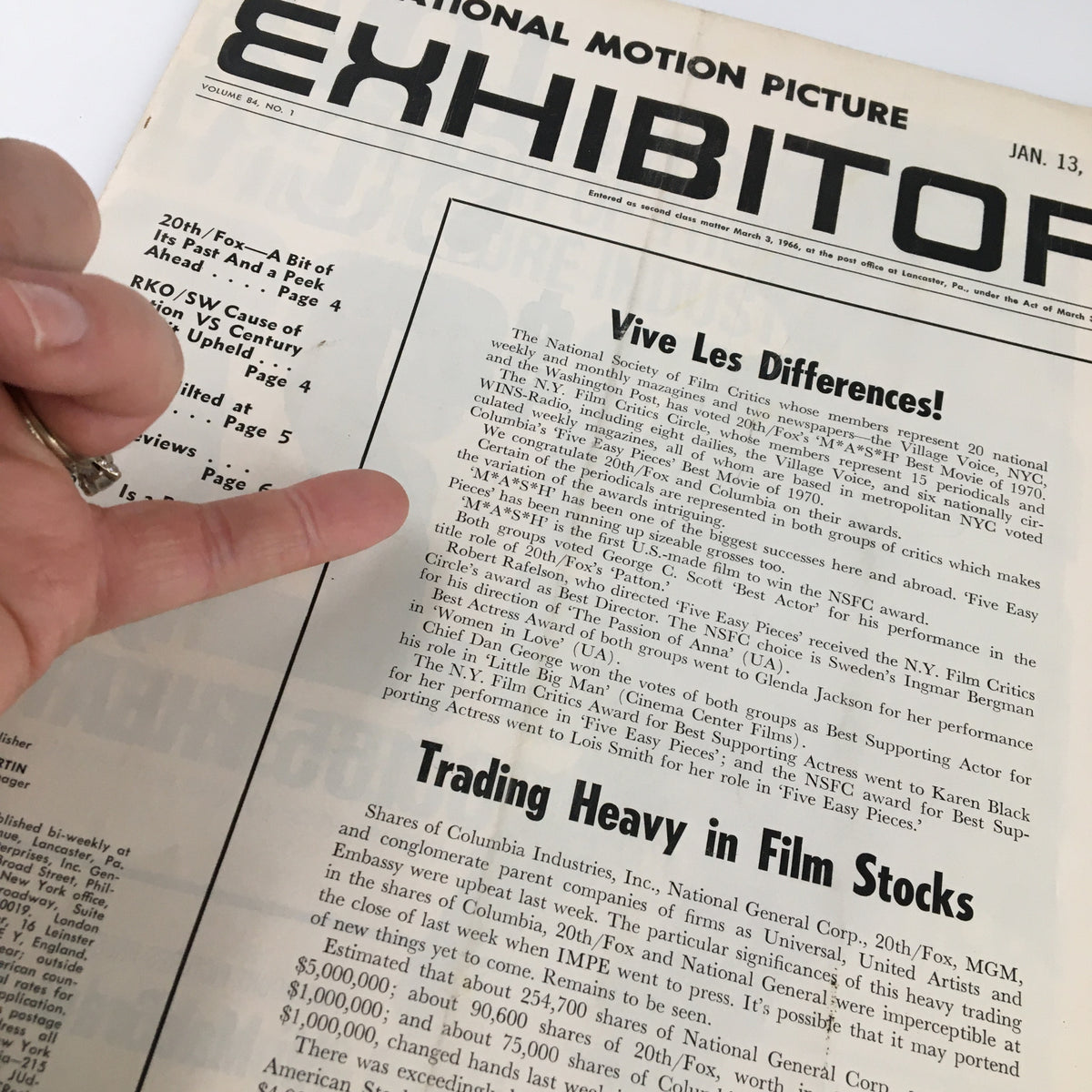 Detailed view of Int. Motion Picture Exhibitor Magazine January 13 1971 highlighting industry critique and commentary, with emphasis on film stocks.