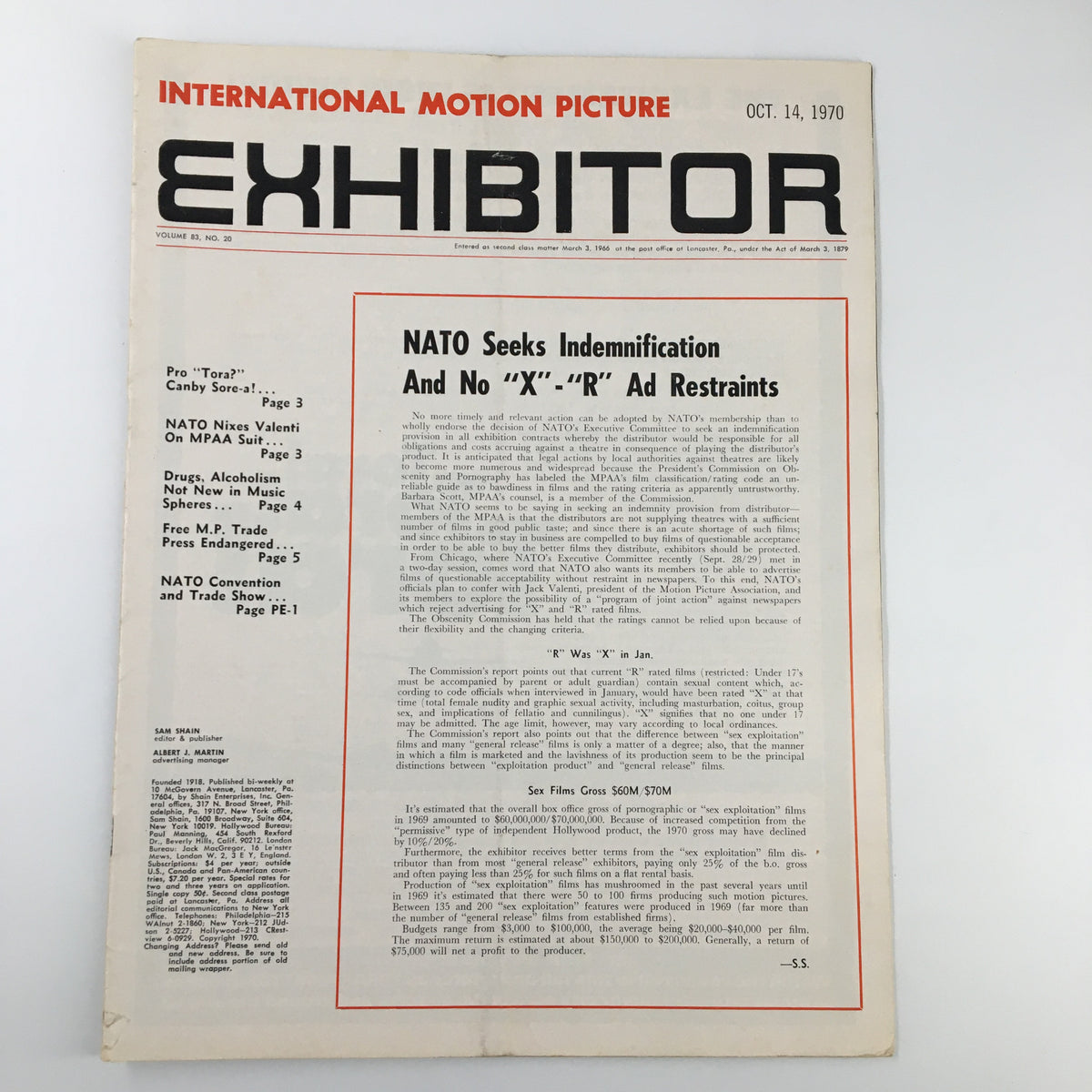 Cover of the Int. Motion Picture Exhibitor Magazine from October 14, 1970, featuring headlines on NATO seeking indemnification and film industry regulations.