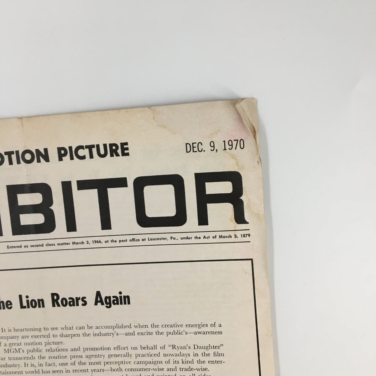 Close-up of the cover of the International Motion Picture Exhibitor Magazine, December 9, 1970, emphasizing the title 'The Lion Roars Again' and details regarding the film industry during that era.