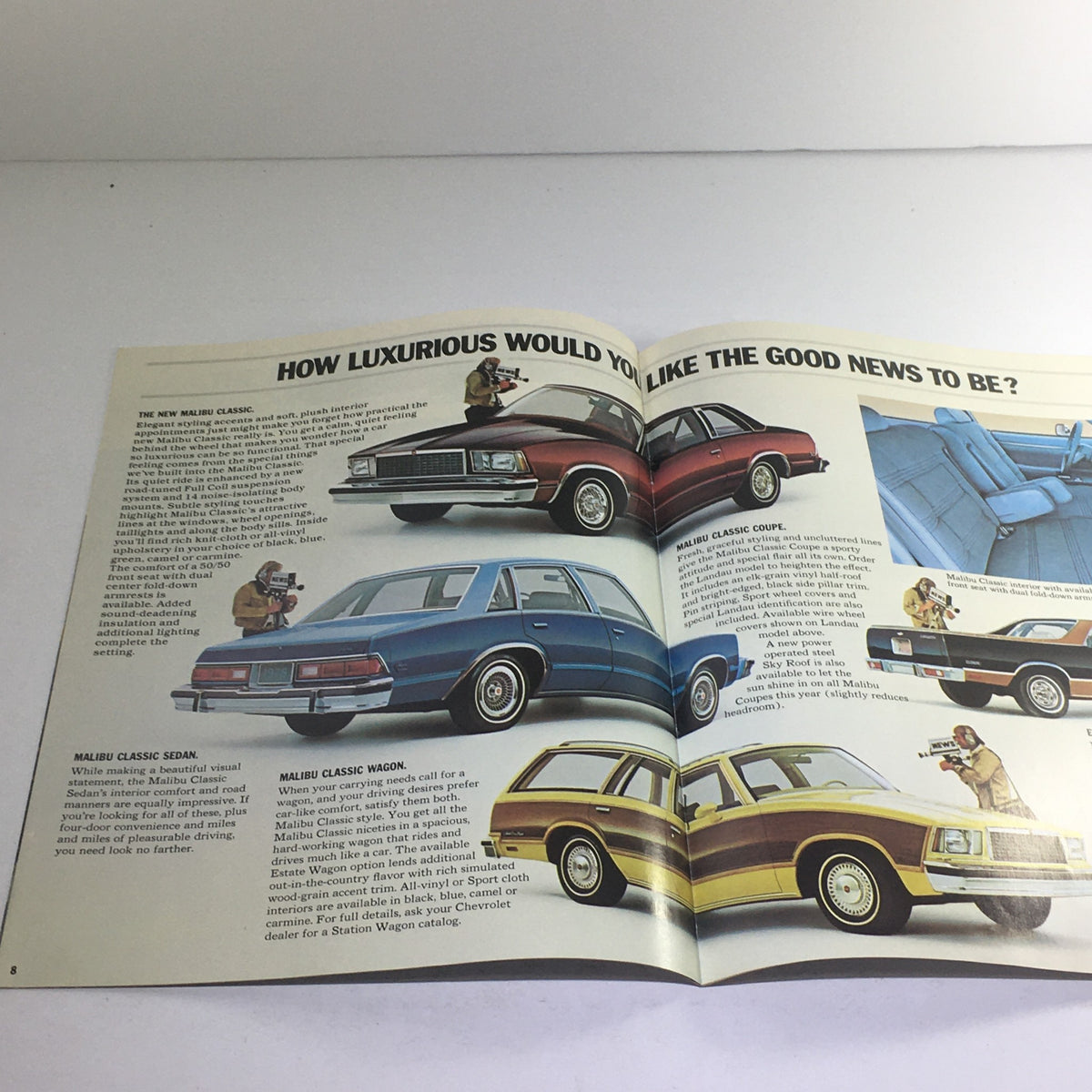1978 Chevrolet New-Size Malibu Squire Dealership Car Auto Brochure Catalog showcasing interior features and models of Malibu cars with highlighted details on luxury options.
