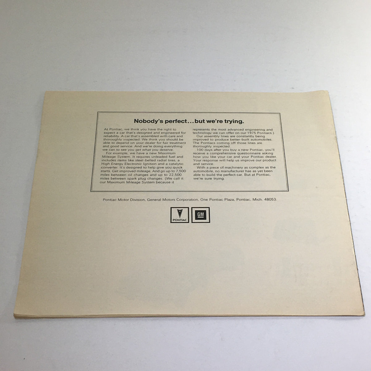 Back cover of the 1975 Pontiac Astre/Ventura/Firebird Wagons Dealership Car Auto Brochure Catalog with promotional text.