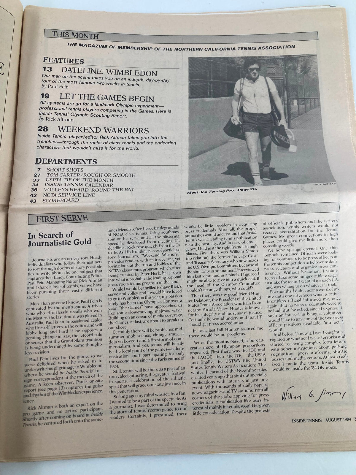 Inside page of the VTG Inside Tennis Magazine August 1984 showcasing the table of contents and an article titled 'Let The Games Begin'.