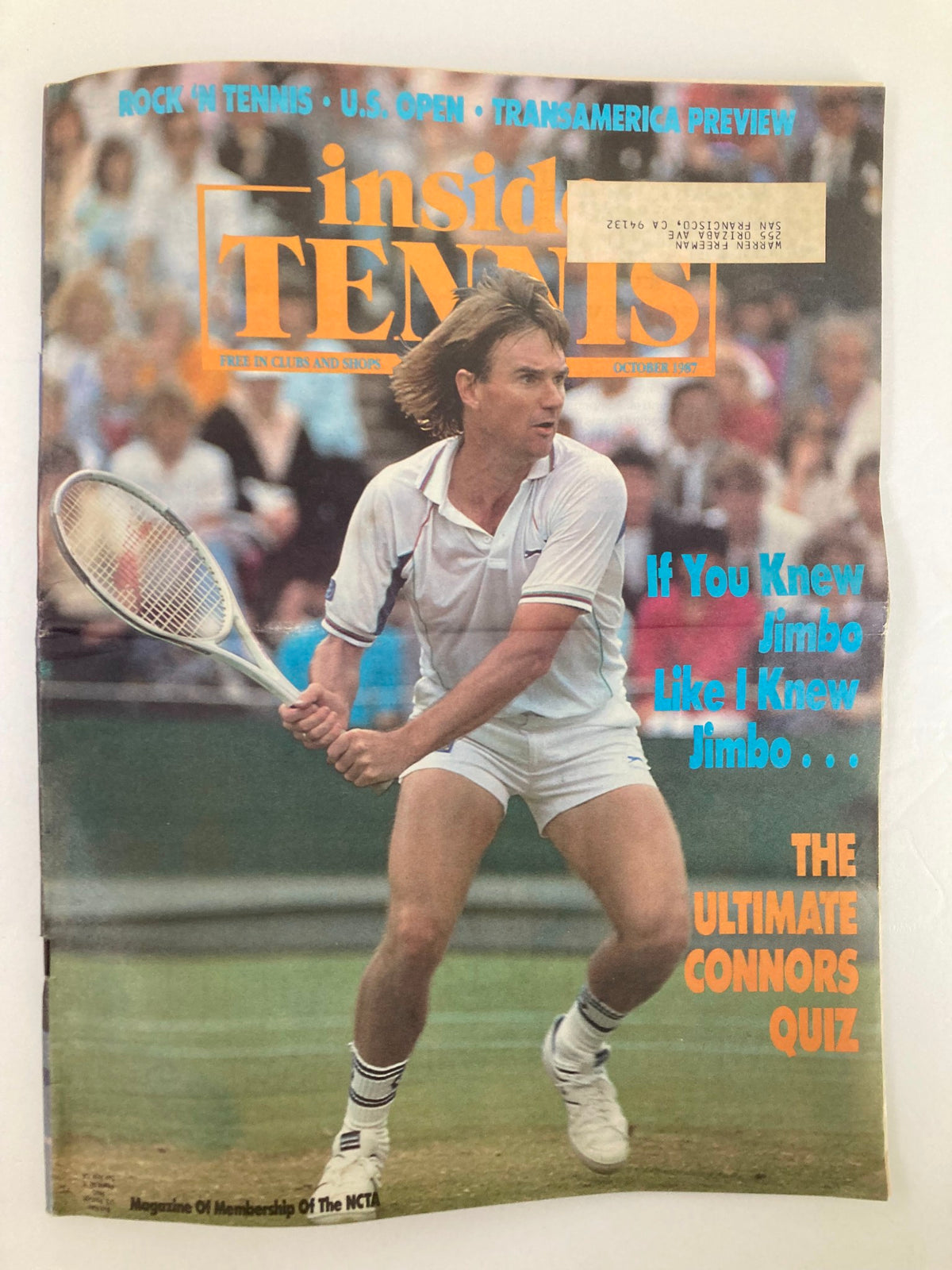 Cover of VTG Inside Tennis Magazine October 1987 featuring the Ultimate Jimbo Connors Quiz, with a tennis player in action and various text elements highlighting the magazine's focus on tennis.