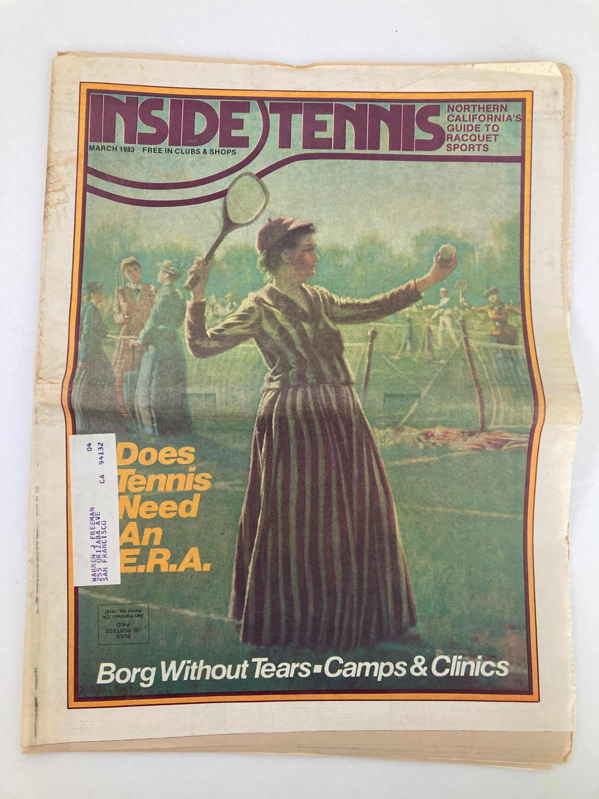 Cover of Inside Tennis Magazine, March 1983, featuring the title 'Does Tennis Need An E.R.A.' and a vintage illustration of a woman playing tennis.
