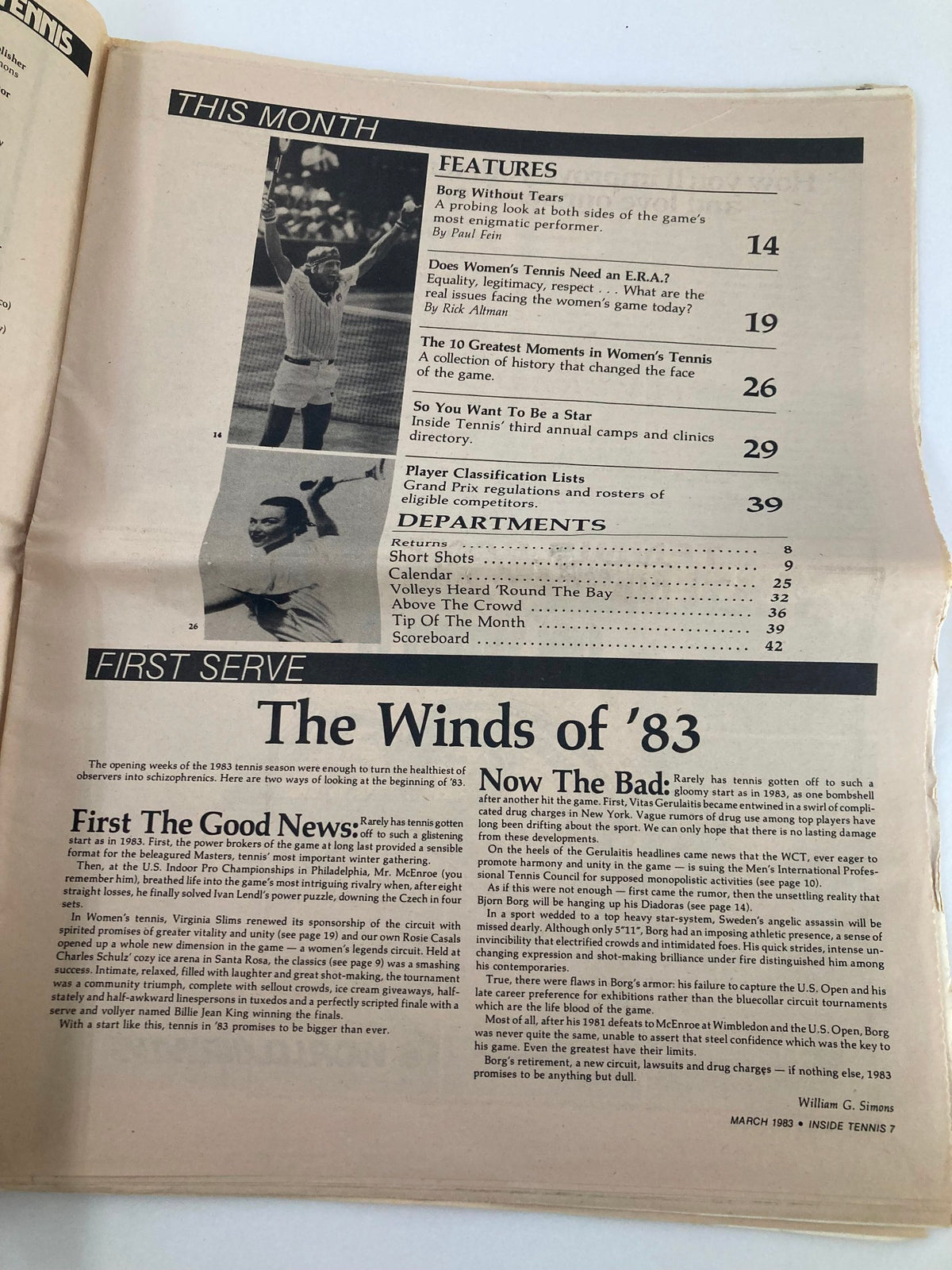Inside page of Inside Tennis Magazine, March 1983, showcasing features including 'Borg Without Tears' and 'Does Women's Tennis Need an E.R.A.?' with commentary on the tennis scene of the time.