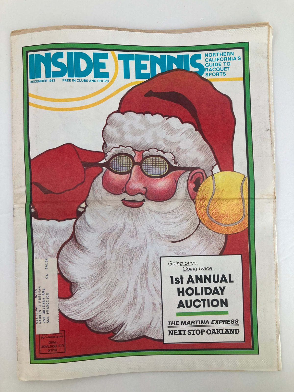 Vintage Inside Tennis Magazine from December 1983 featuring a whimsical Santa Claus illustration on the cover with the headline 'The Martina Express: Next Stop Oakland', highlighting a pivotal moment in tennis history.