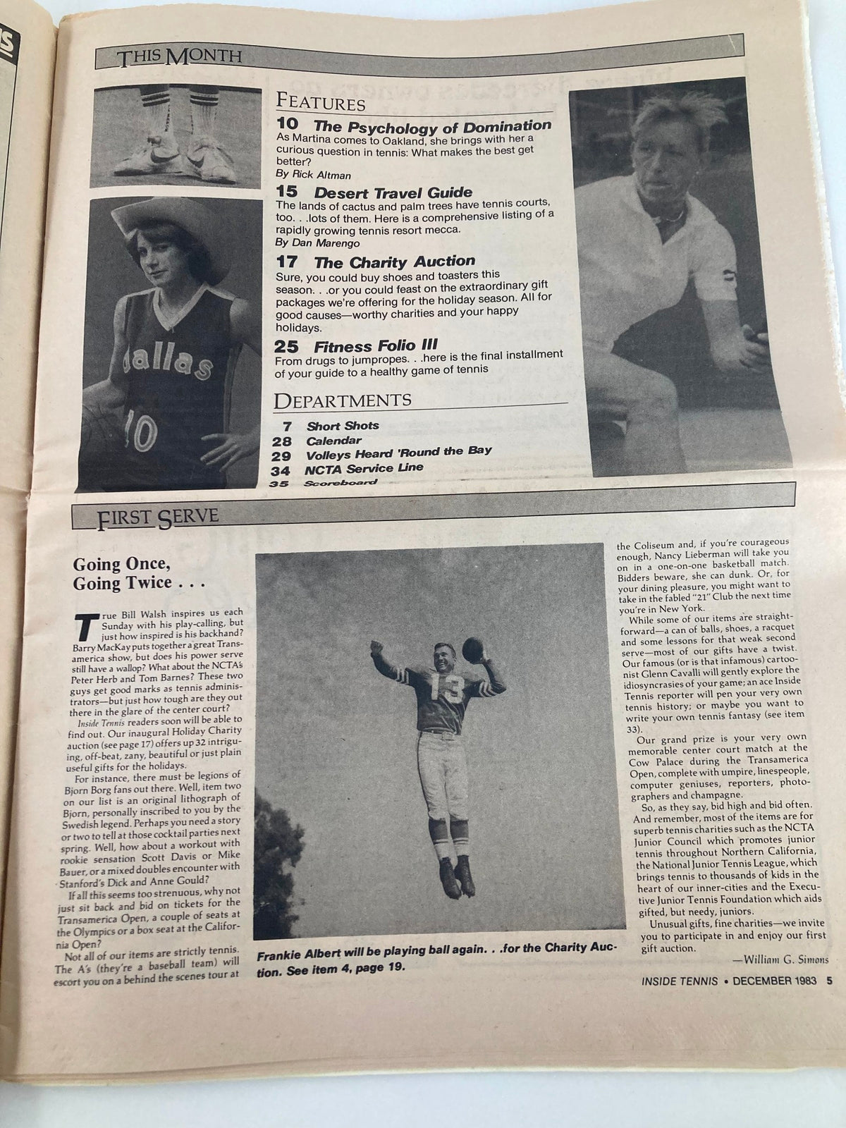Interior page of Inside Tennis Magazine December 1983, showcasing the monthly features and articles, emphasizing the magazine's focus on the tennis community and culture, part of the edition highlighting 'The Martina Express: Next Stop Oakland'.