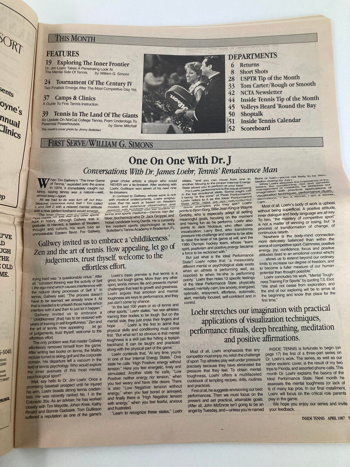 Interior page of Inside Tennis Magazine, April 1987, displaying the Table of Contents with sections like 'Exploring The Inner Frontier' and 'Camps & Clinics', emphasizing key features of the issue.