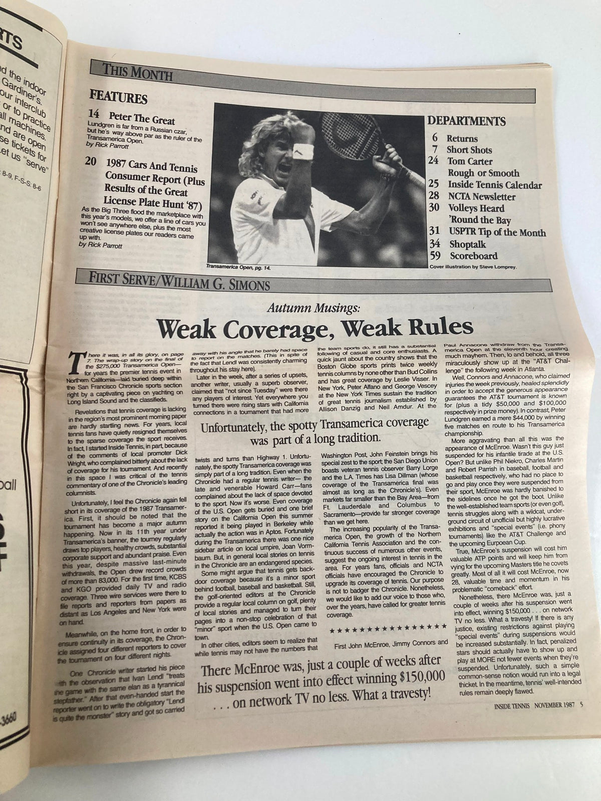 Inside page of Vintage Inside Tennis Magazine, November 1987 issue titled 'Transamerica '87: How Swede It Is', displaying an article discussing tennis events and featuring an image of a tennis player with curly hair.