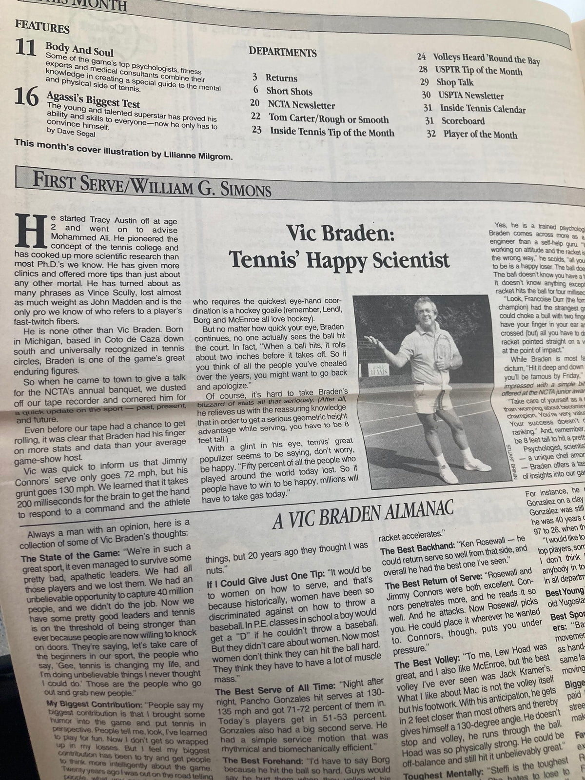 Interior page of VTG Inside Tennis Magazine December 1988 showcasing an article titled 'Vic Braden: Tennis' Happy Scientist' discussing psychological aspects of tennis training and player development.