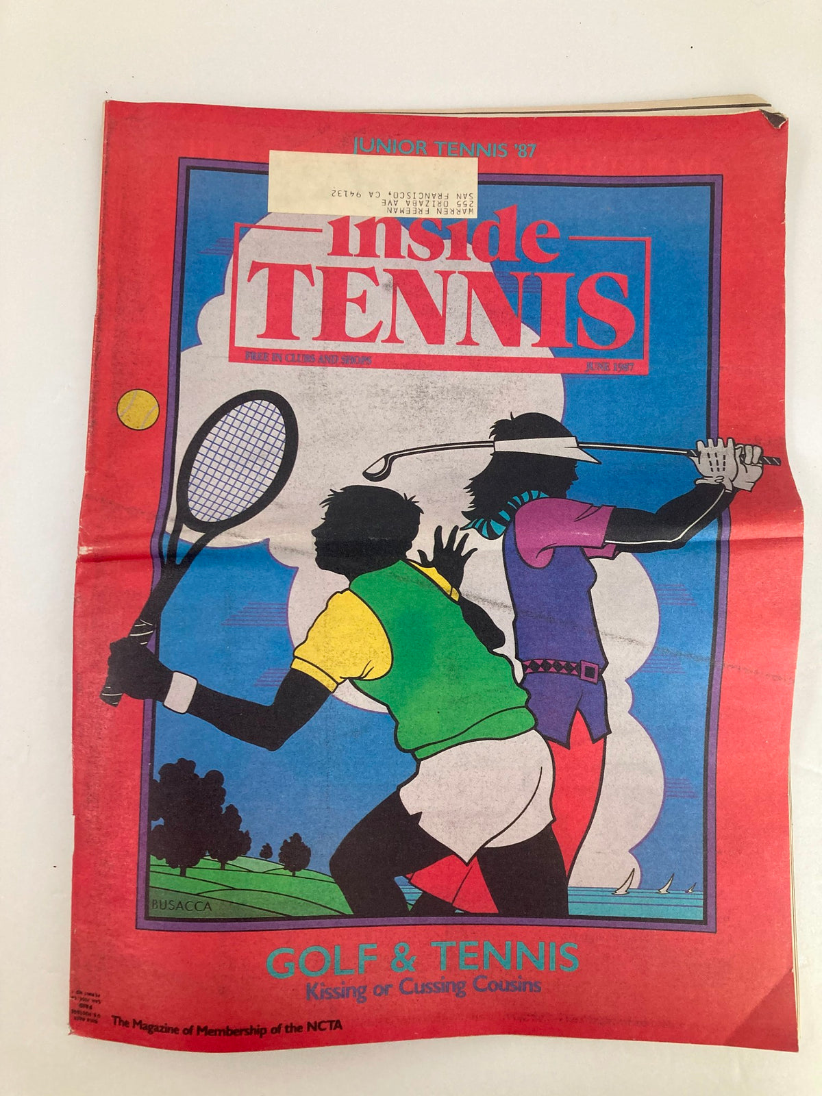 Cover of the VTG Inside Tennis Magazine June 1987 featuring the title 'Golf & Tennis: Kissing or Cussing Cousins' with a colorful illustration of tennis and golf players.