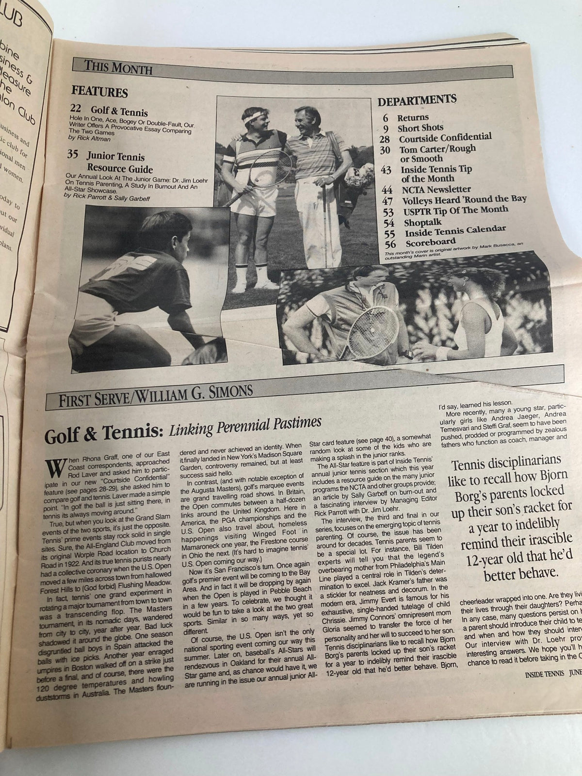 Interior page of the VTG Inside Tennis Magazine June 1987 showcasing features on Golf & Tennis and listing its contents including articles and departments related to the sports.