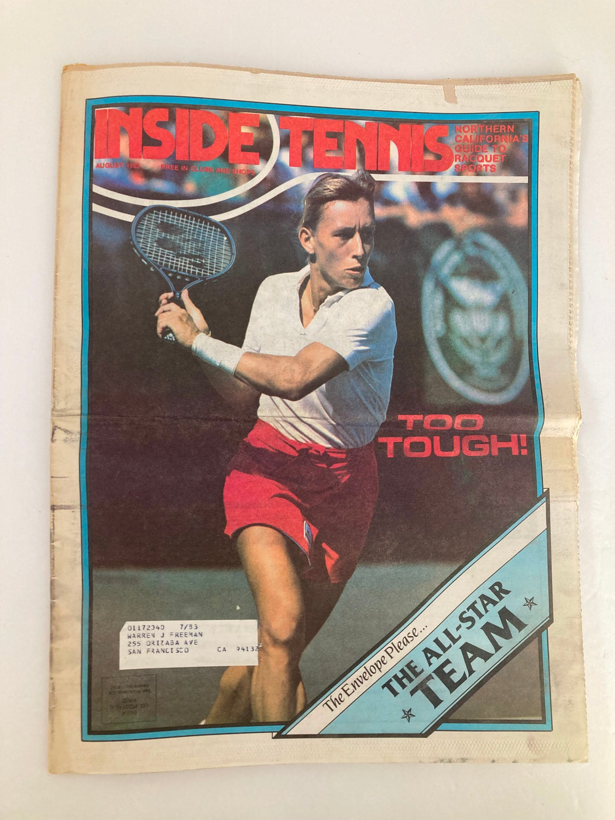Cover of Inside Tennis Magazine August 1983 featuring the title 'The Envelope Please' and an image of a tennis player preparing to hit a backhand during a match. This vintage magazine showcases the all-star team in tennis.