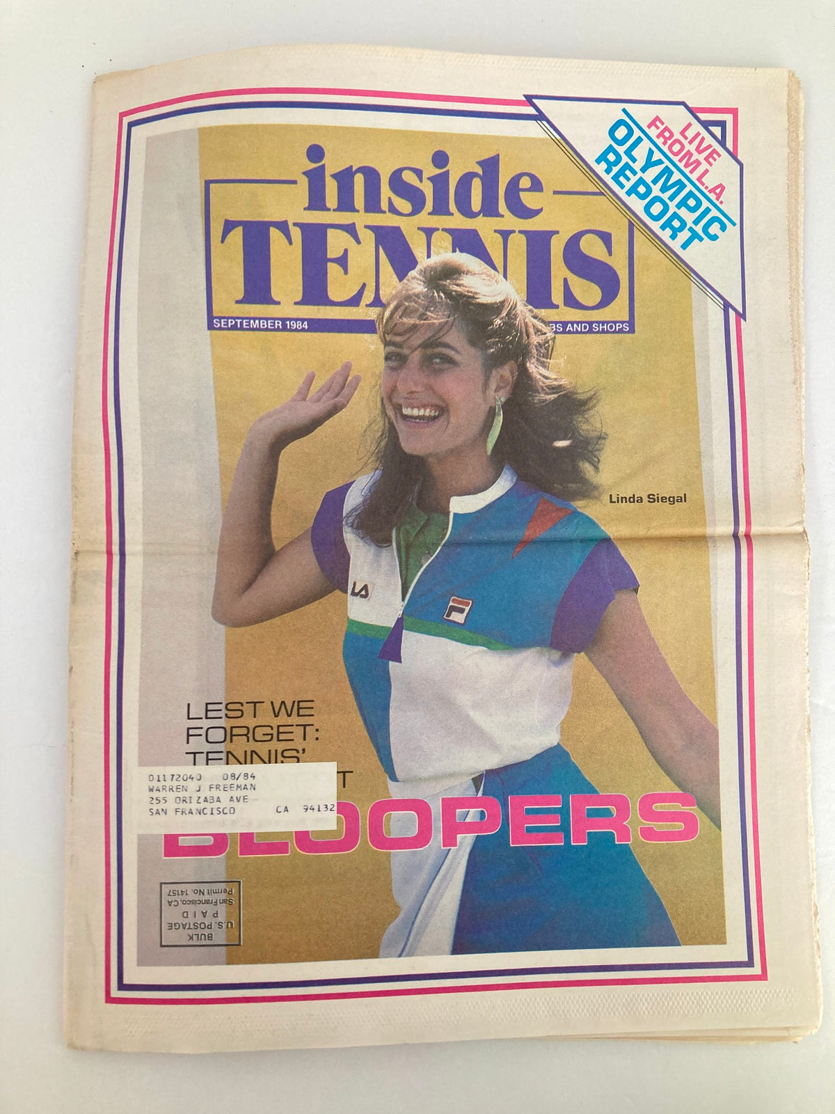 Cover of VTG Inside Tennis Magazine September 1984 featuring Linda Siegal and a humorous theme of tennis bloopers.