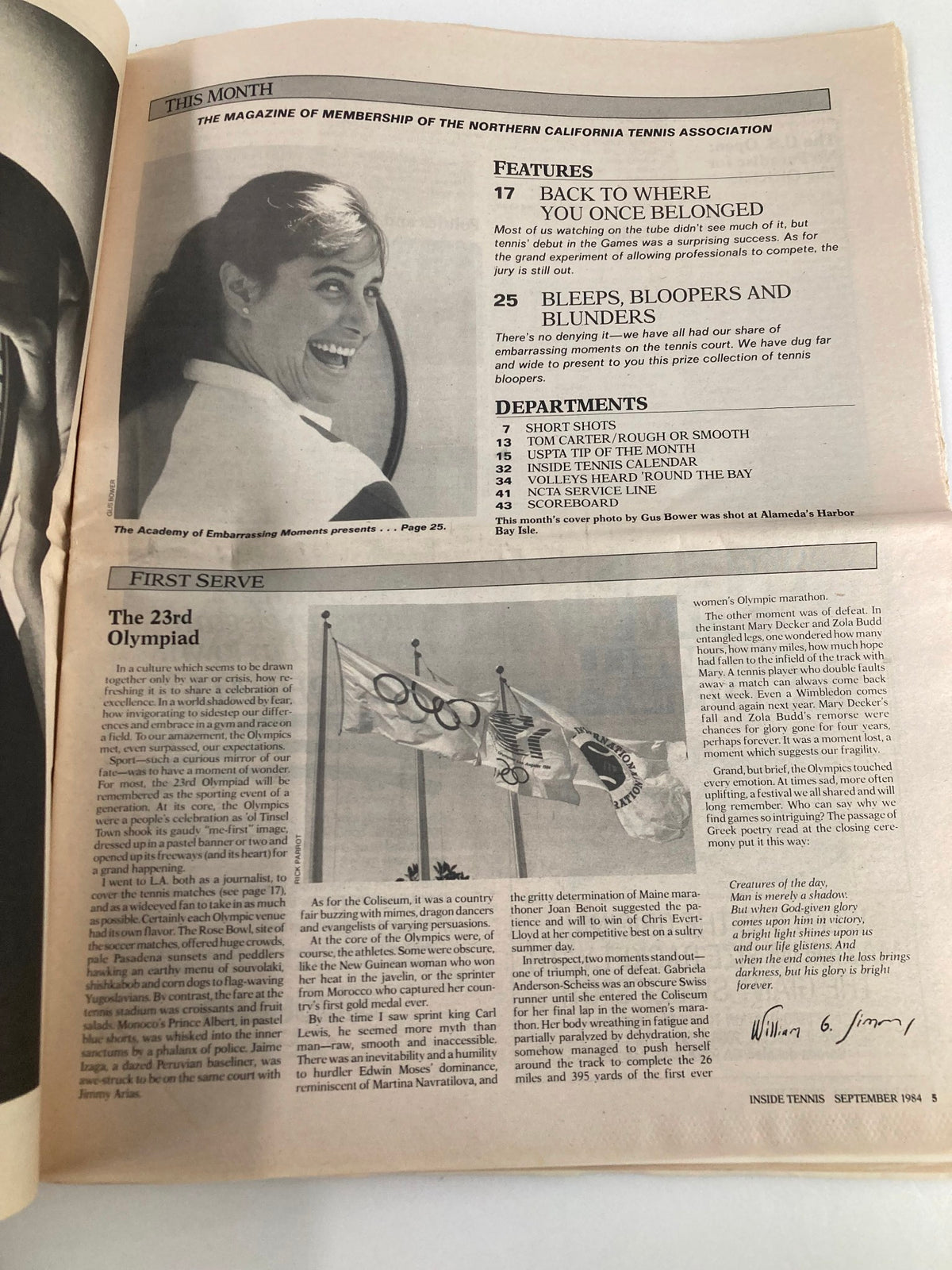 Inside page of VTG Inside Tennis Magazine September 1984 featuring a layout showcasing features on tennis bloopers and highlights from the magazine.