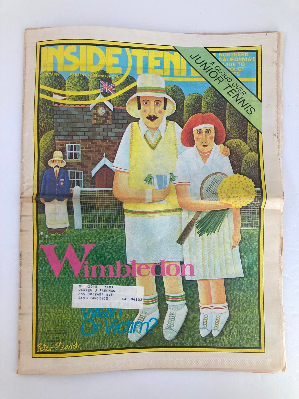 Cover of Inside Tennis Magazine, July 1983 edition titled 'Wimbledon: Villain or Victim?', featuring an illustrated couple holding tennis rackets and flowers against a Wimbledon backdrop.