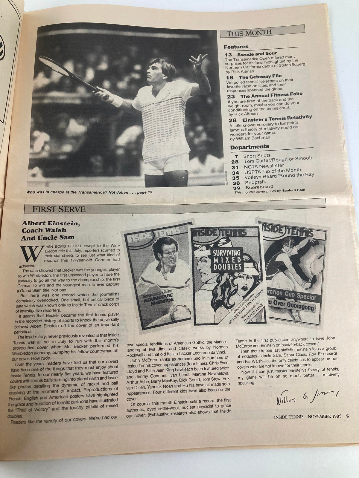 Inside Tennis Magazine November 1985 featuring a black and white photo of a tennis player in action, showcasing the magazine's focus on tennis culture and fitness, alongside an article about Albert Einstein's fitness guide.
