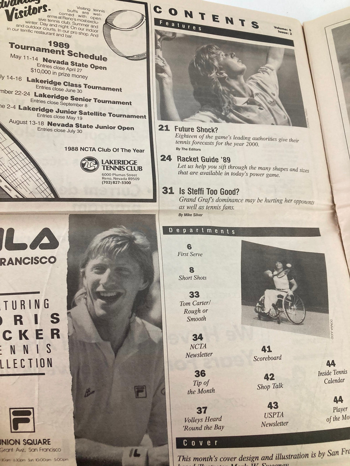Contents page of VTG Inside Tennis Magazine May 1989, highlighting featured articles including 'Future Shock', 'Racket Guide '89', and 'Is Steffi Too Good?' with images of tennis players.
