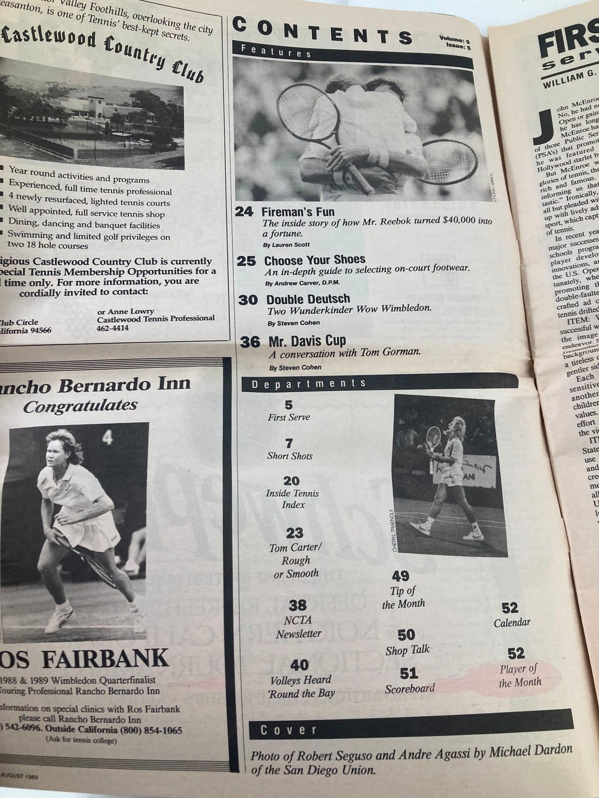 Contents page of the August 1989 issue of Inside Tennis Magazine, presenting features like 'Fireman's Fun' and 'Choose Your Shoes', capturing insights into tennis, complemented by notable articles and player highlights.