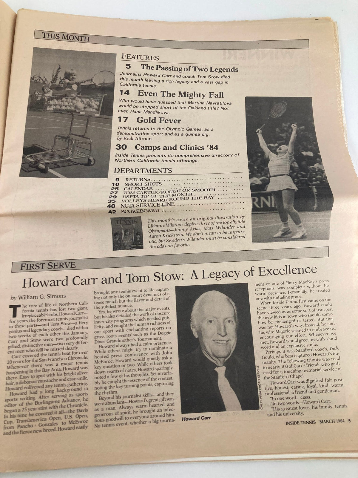 Inside page of the March 1984 Inside Tennis Magazine showcasing features including 'The Passing of Two Legends' and 'Gold Fever' related to tennis's Olympic debut.