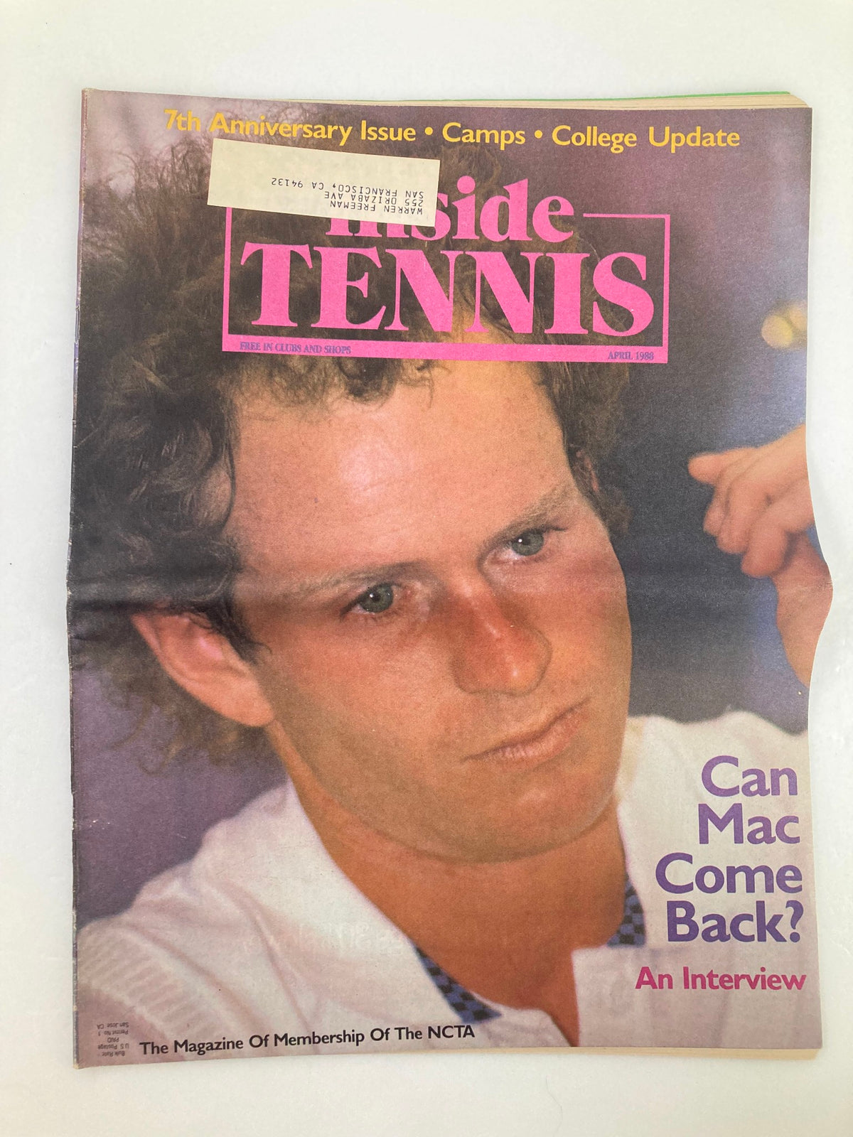 Cover of Inside Tennis Magazine April 1988 featuring John McEnroe with the headline 'Can Mac Come Back? An Interview'. The magazine reflects on McEnroe's tennis career and aspirations.