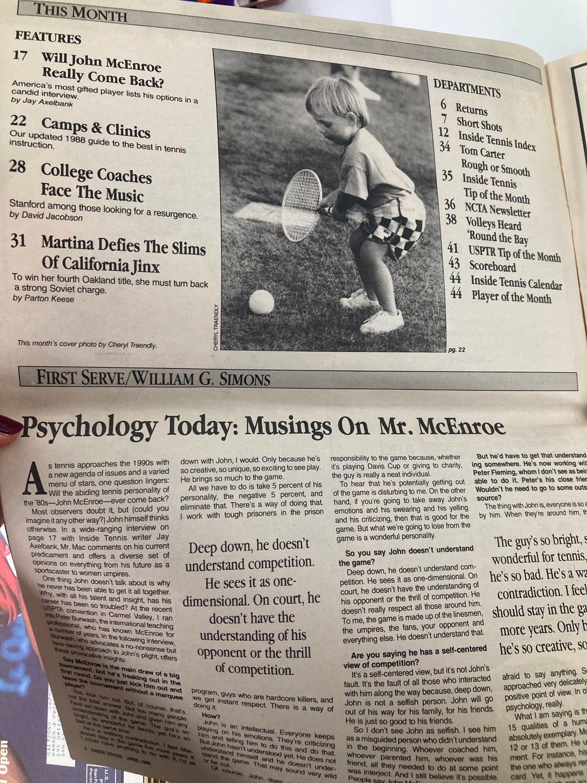 Interior page of Inside Tennis Magazine April 1988 discussing John McEnroe's potential comeback and featuring a child playing tennis, illustrating youth engagement in the sport.