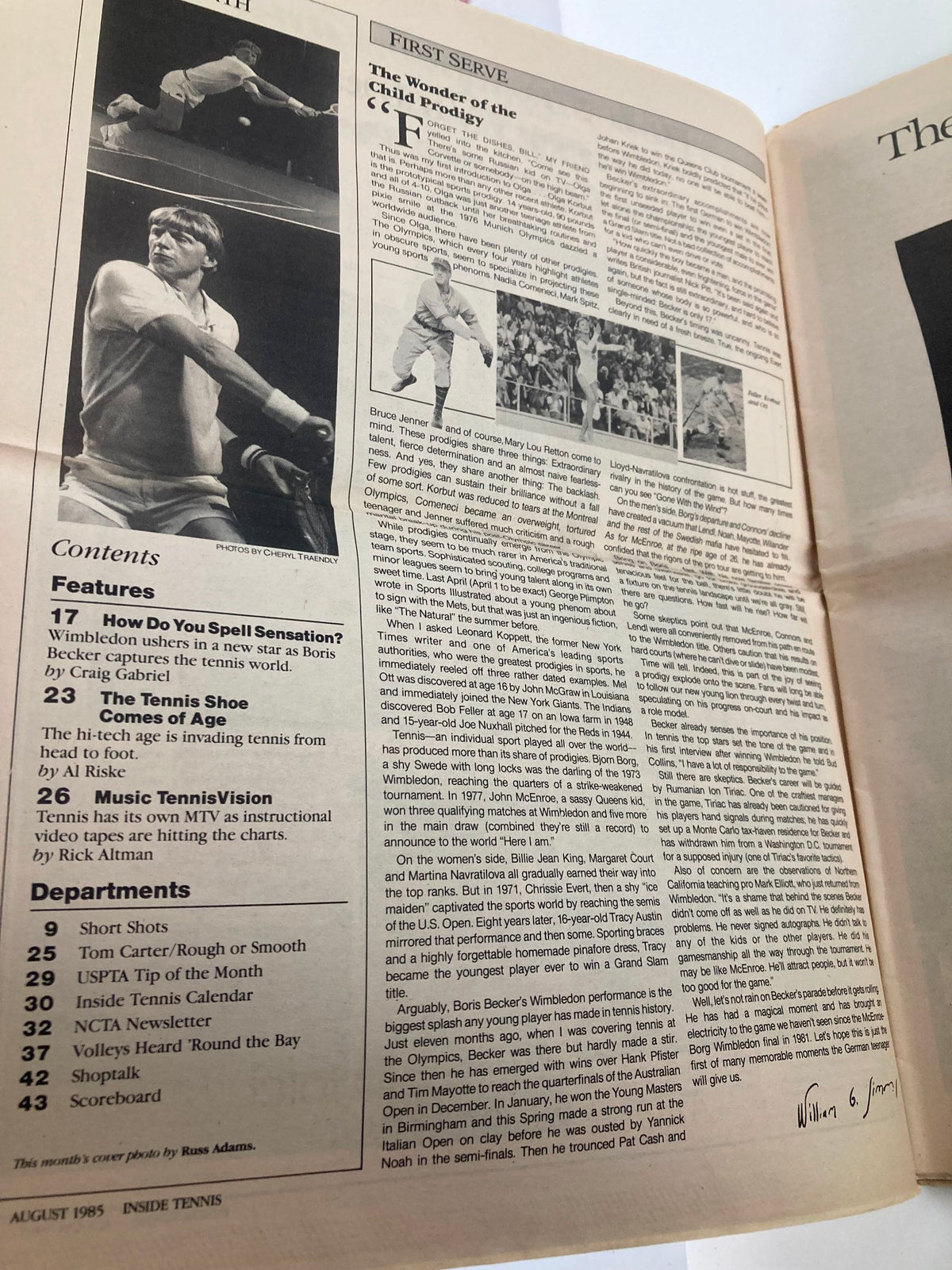Inside page of VTG Inside Tennis Magazine August 1985 with detailed articles and photographs about the Wimbledon 1985 tournament and emerging tennis stars.