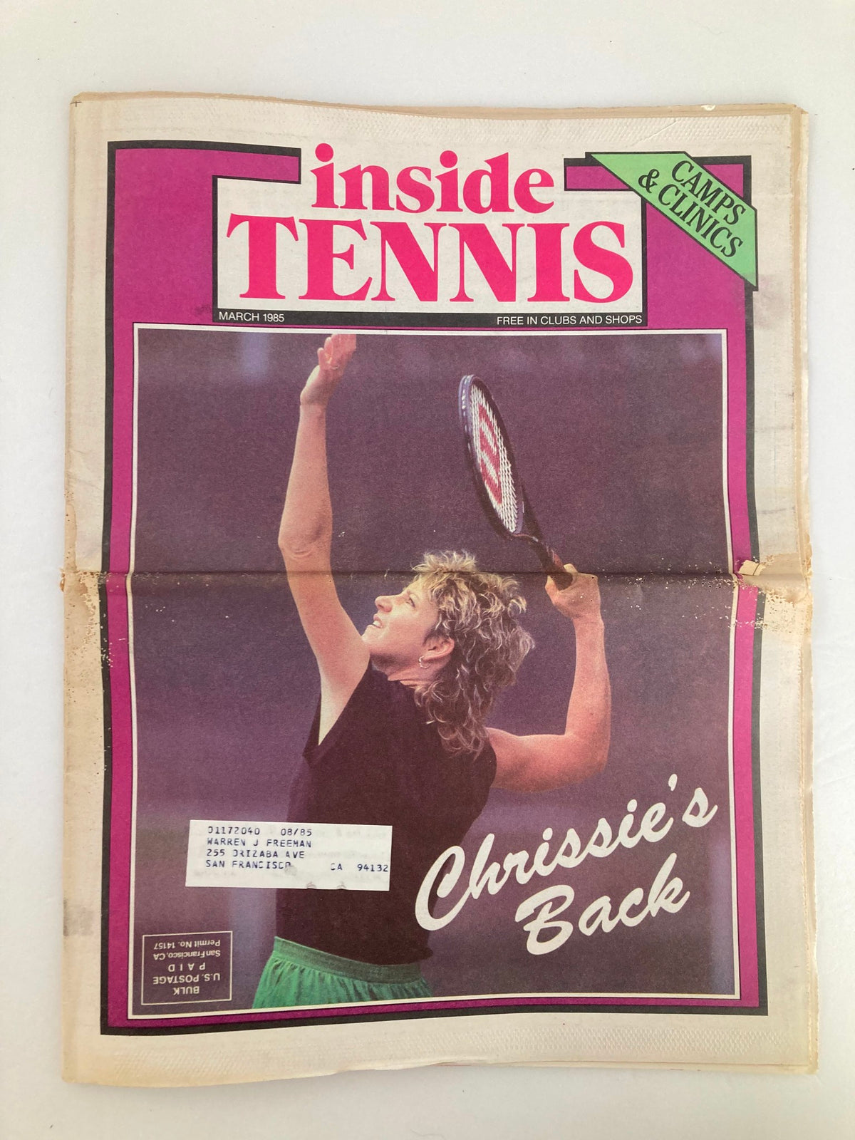 Cover of the VTG Inside Tennis Magazine from March 1985 featuring the title 'Chrissie's Back' with a vibrant design highlighting tennis and the return of Chrissie Evert.