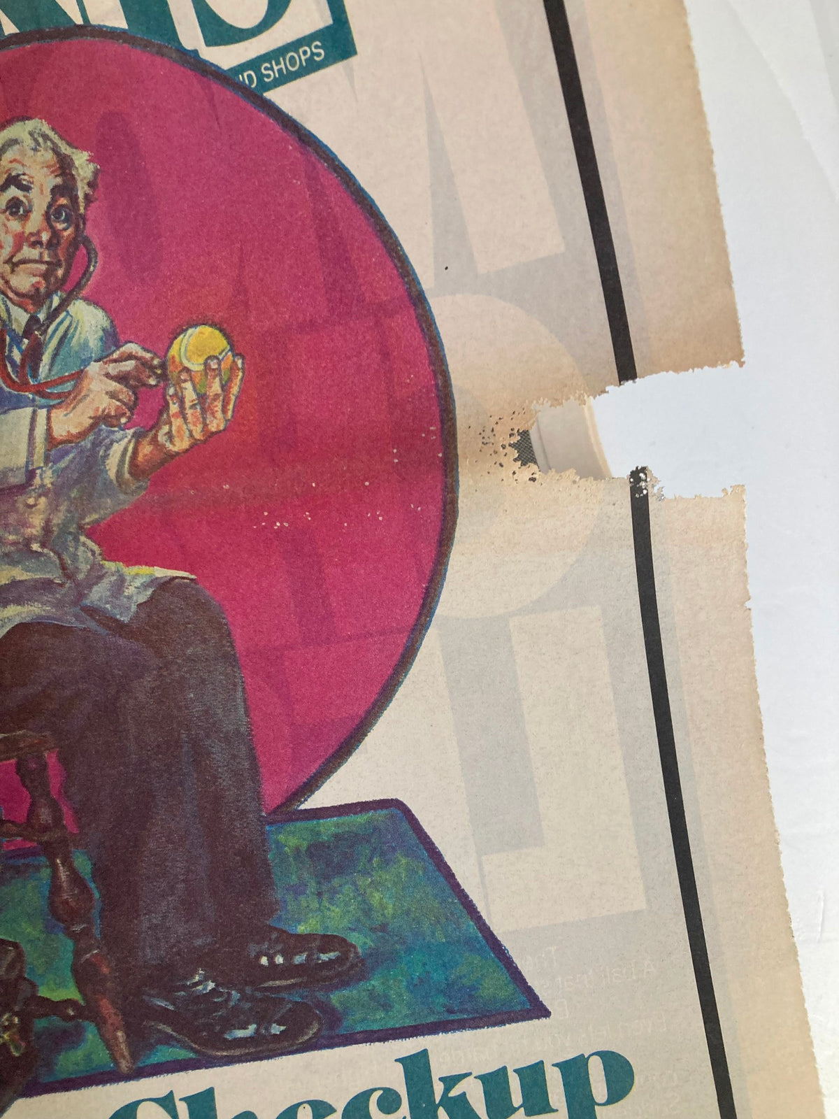 Close-up of the cover detail of Inside Tennis Magazine September 1988 showing the doctor and the tennis ball, highlighting wear and character consistent with its vintage nature.