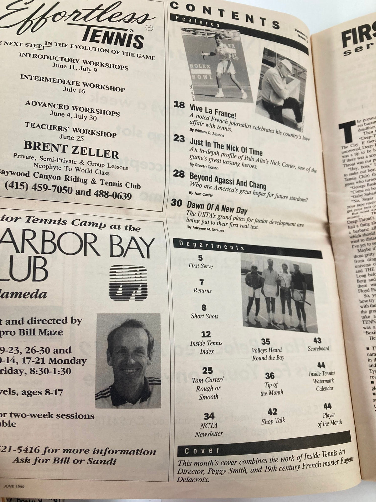 Contents page of VTG Inside Tennis Magazine June 1989 detailing articles about tennis, including 'Vive La France!' and an in-depth profile on Nick Carter. It features a mix of tennis-related content and promotional workshops.