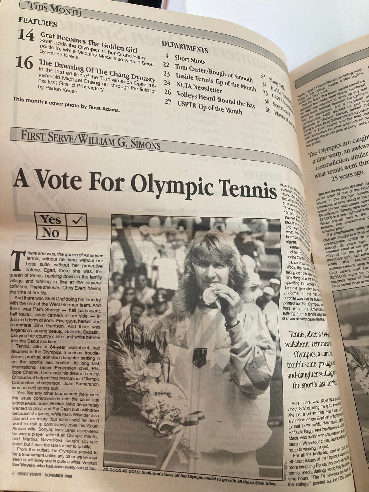 Inside Tennis Magazine November 1988 article with image of Steffi Graf showcasing her Olympic gold medal, highlighting her achievements in tennis.