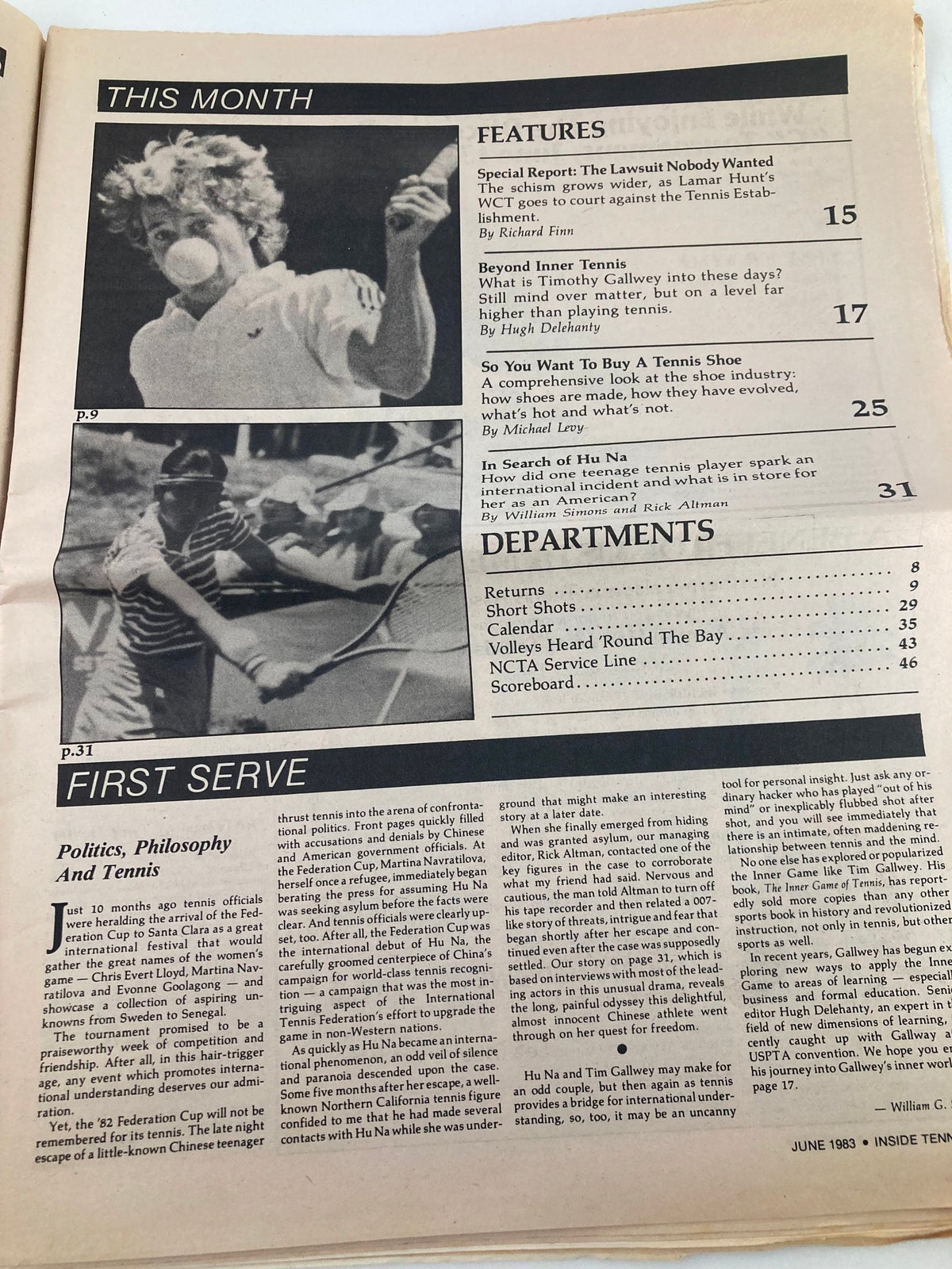 Inside page of June 1983 Inside Tennis Magazine showcasing the table of contents with features including 'Beyond Inner Tennis' and 'In Search of Hu Na', highlighting key articles and topics of the time.