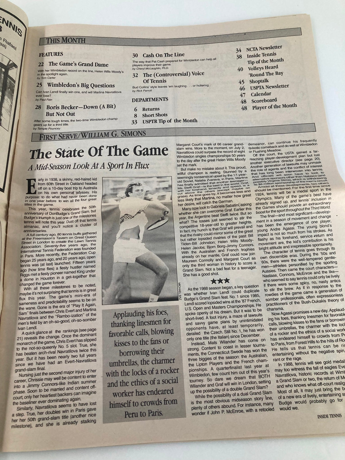 Interior page of Inside Tennis Magazine July 1988, featuring an article titled 'The State of The Game: A Mid-Season Look At A Sport In Flux', providing insights into tennis during the late 1980s.
