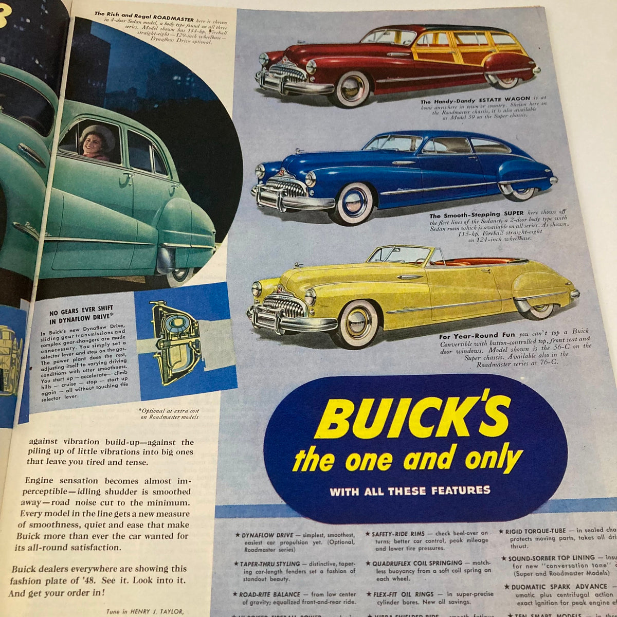 An advertisement showcasing multiple Buick cars including an estate wagon and convertible, highlighting their features. This image is from the Saturday Evening Post Magazine dated January 31, 1948.