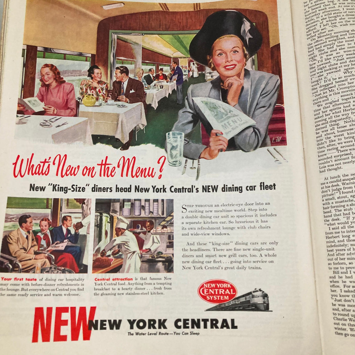 Illustration of a dining car from the New York Central system depicting a luxurious dining experience. This image is part of the Saturday Evening Post Magazine from January 31, 1948.