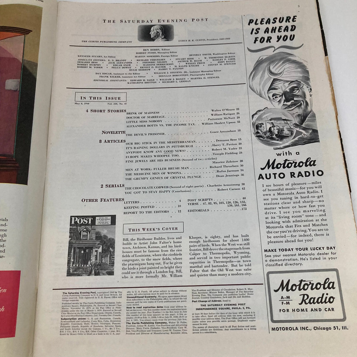 Inside page of the Saturday Evening Post Magazine May 8, 1948 detailing the articles and features, highlighting contributions and advertisements in the publication.