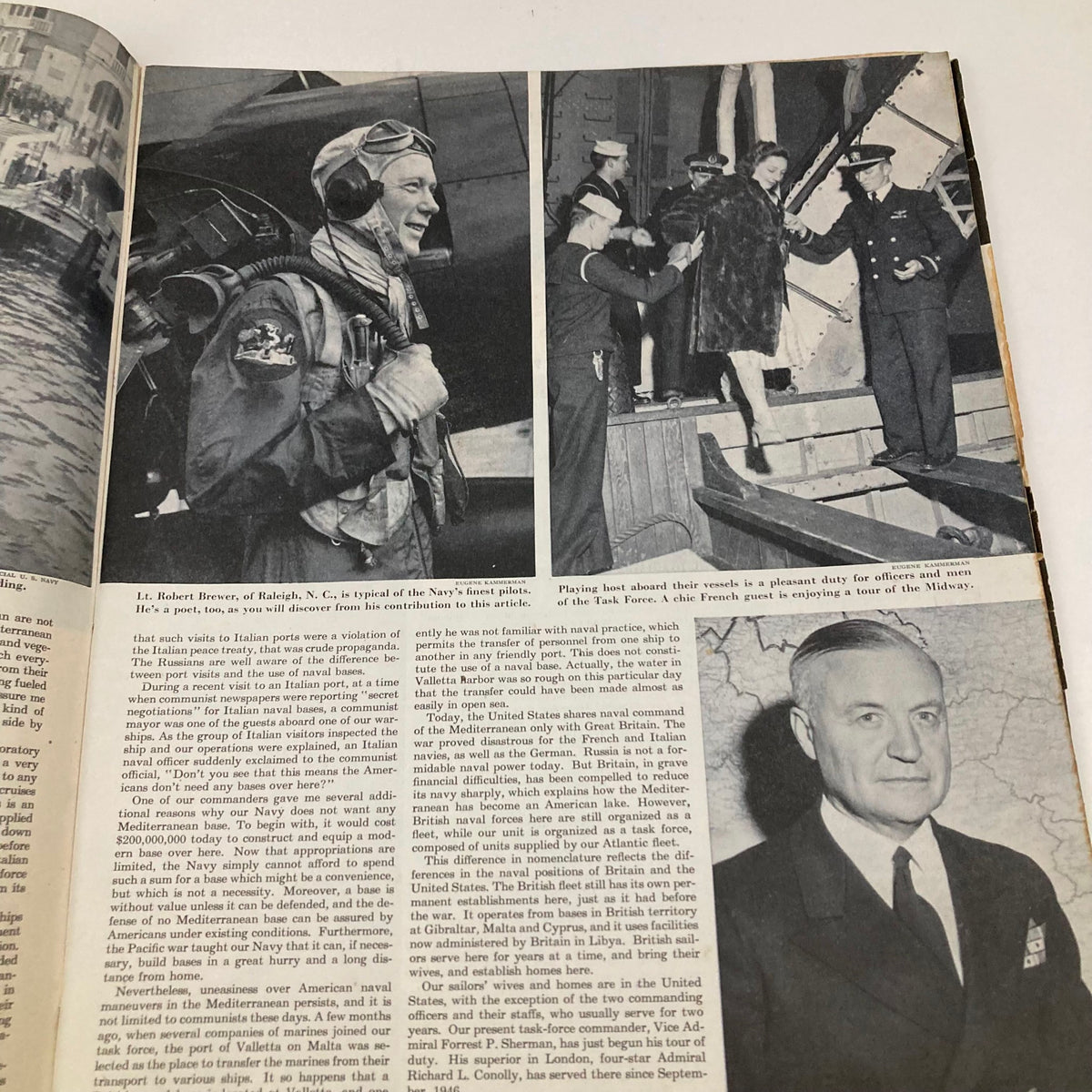Inside image from the Saturday Evening Post Magazine May 8, 1948 showcasing a Navy pilot, Lt. Robert Brewer, and various scenes of naval activities during the post-war era.