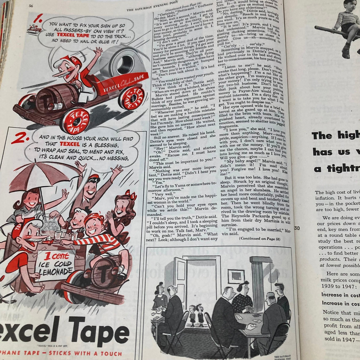 Inside page of the Saturday Evening Post Magazine May 8, 1948 featuring a humorous advertisement and conversation piece related to Texcel Tape.